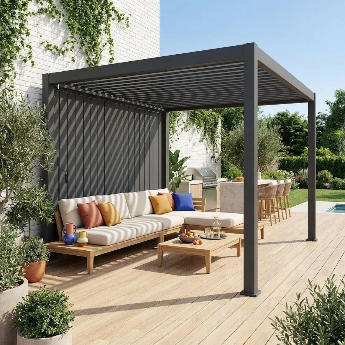 Pergola bioclimatica 3x4m in alluminio + pannello verticale 4m