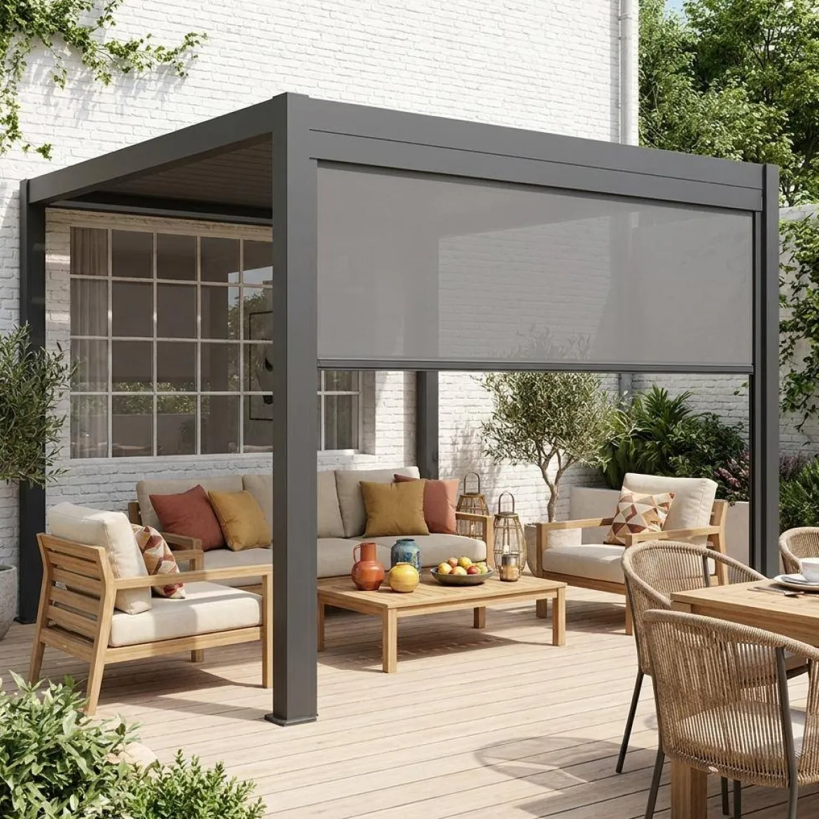 Pergola bioclimatica 3x4m in alluminio + tenda da sole 3m