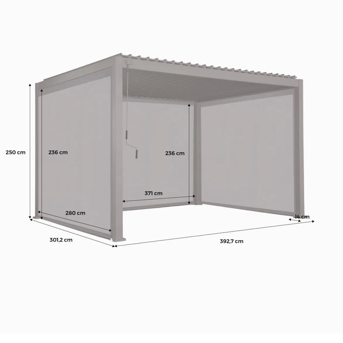 Pergola bioclimatica 3x4m in alluminio + 2 tende da 3m + 1 tenda da 4m