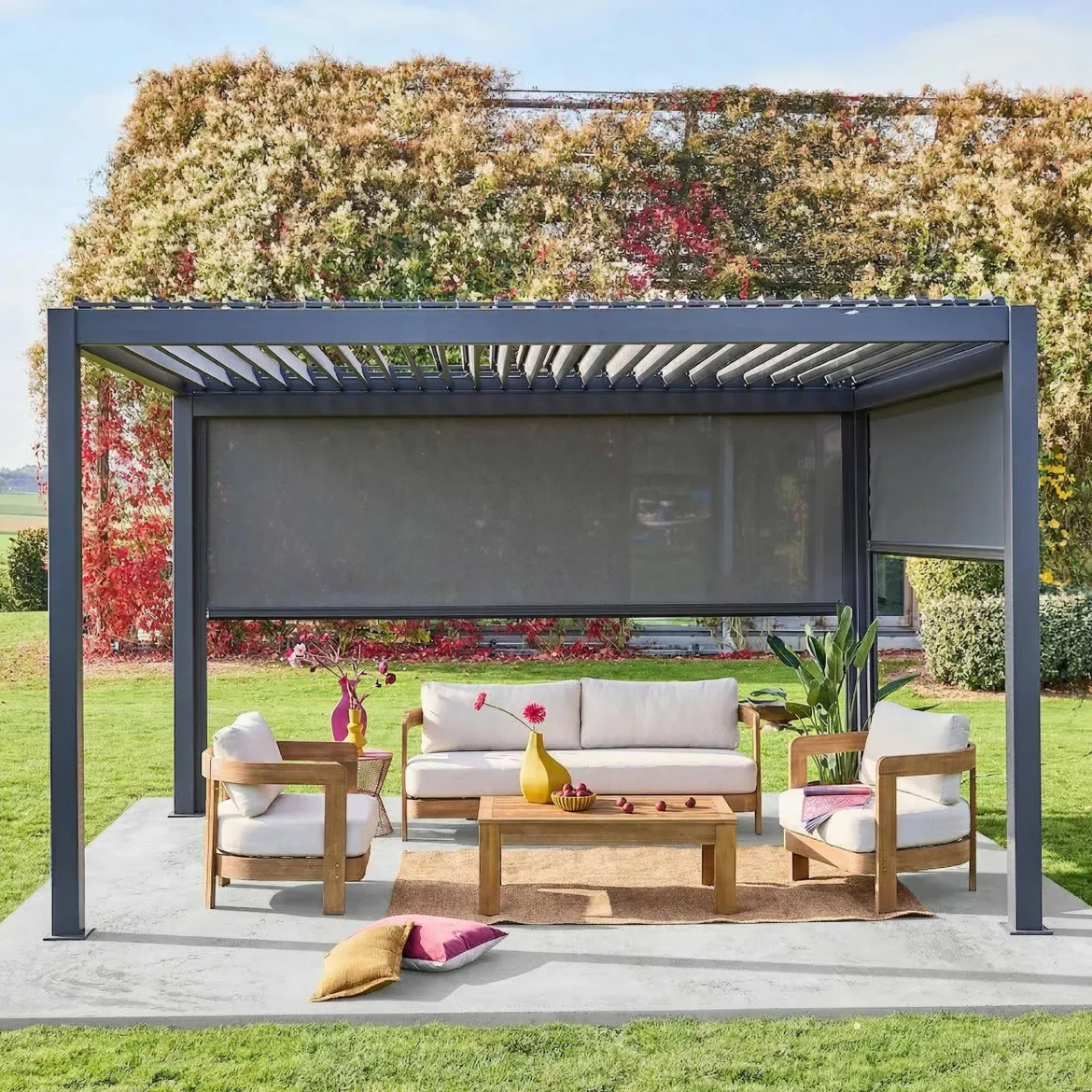 Pergola bioclimatica 3x4m in alluminio + tenda da 3m + tenda da 4m