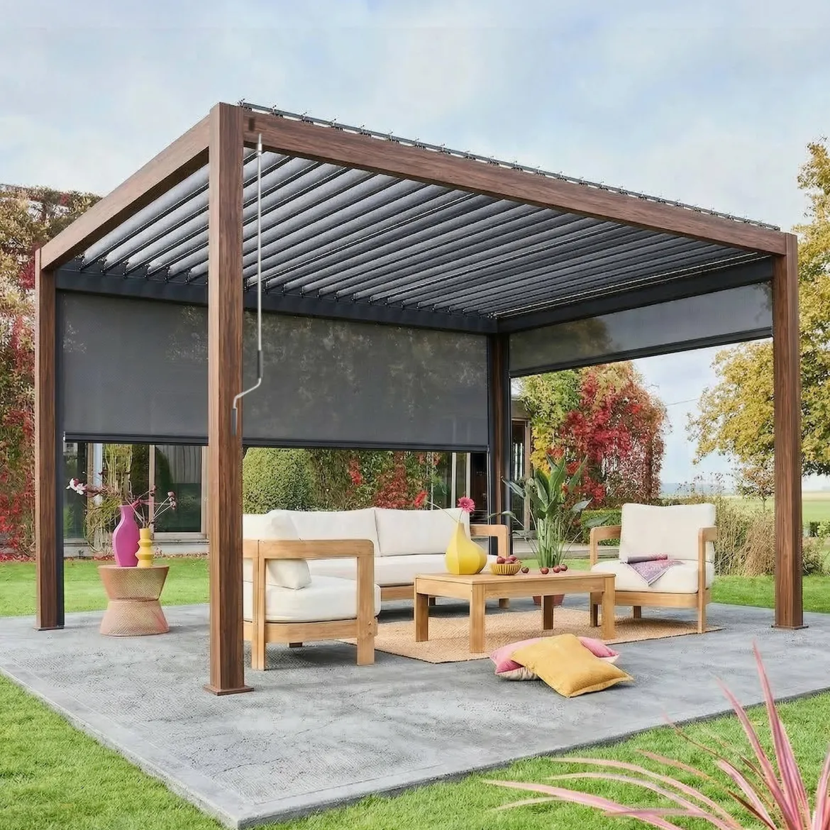 Pergola bioclimatica 3x4m in alluminio + tenda da 3m + tenda da 4m