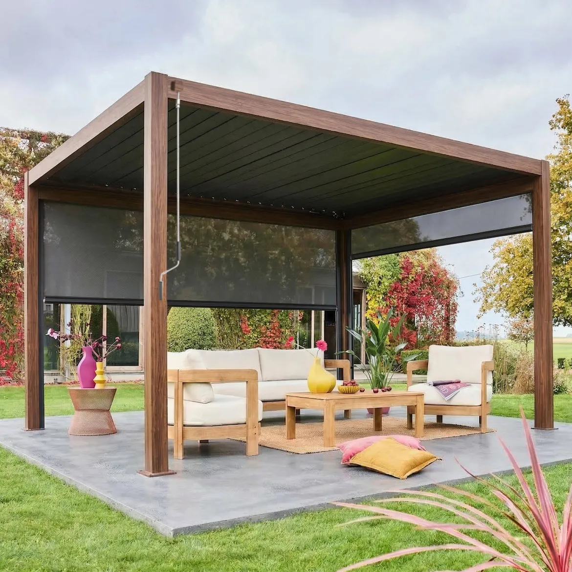 Pergola bioclimatica 3x4m in alluminio + tenda da 3m + tenda da 4m