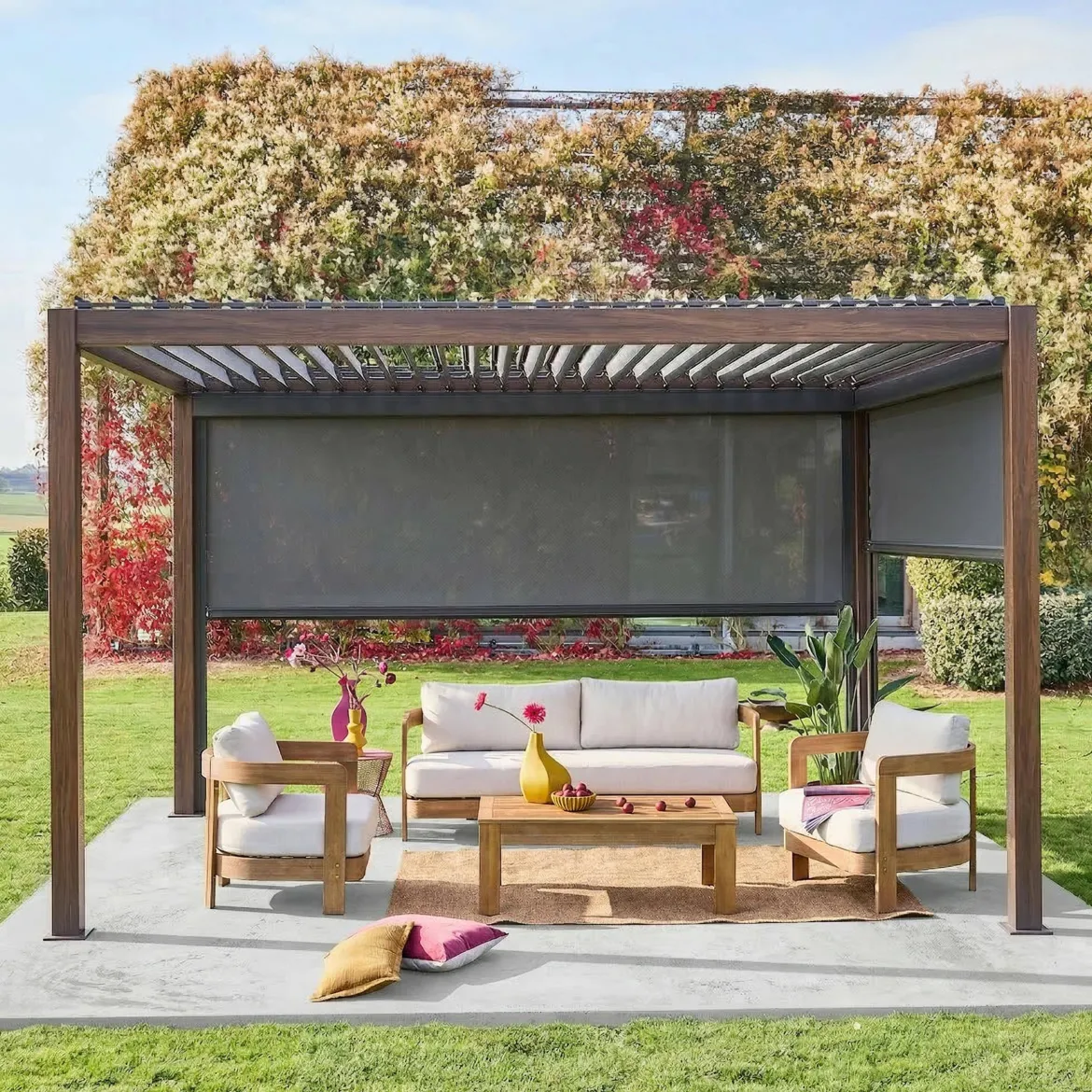 Pergola bioclimatica 3x4m in alluminio + tenda da 3m + tenda da 4m