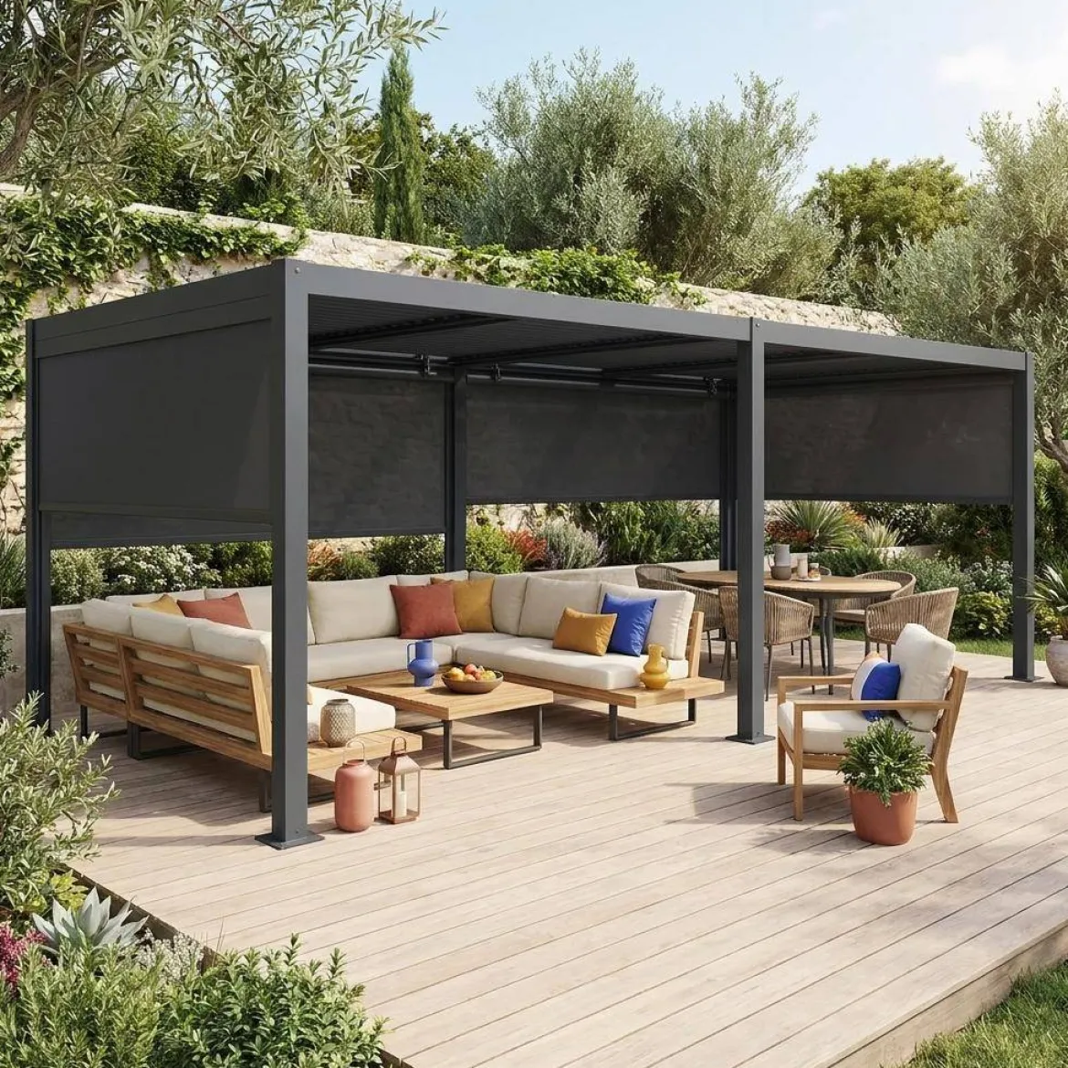Pergola bioclimatica 3x6m in alluminio e acciaio + 4 tende 3m