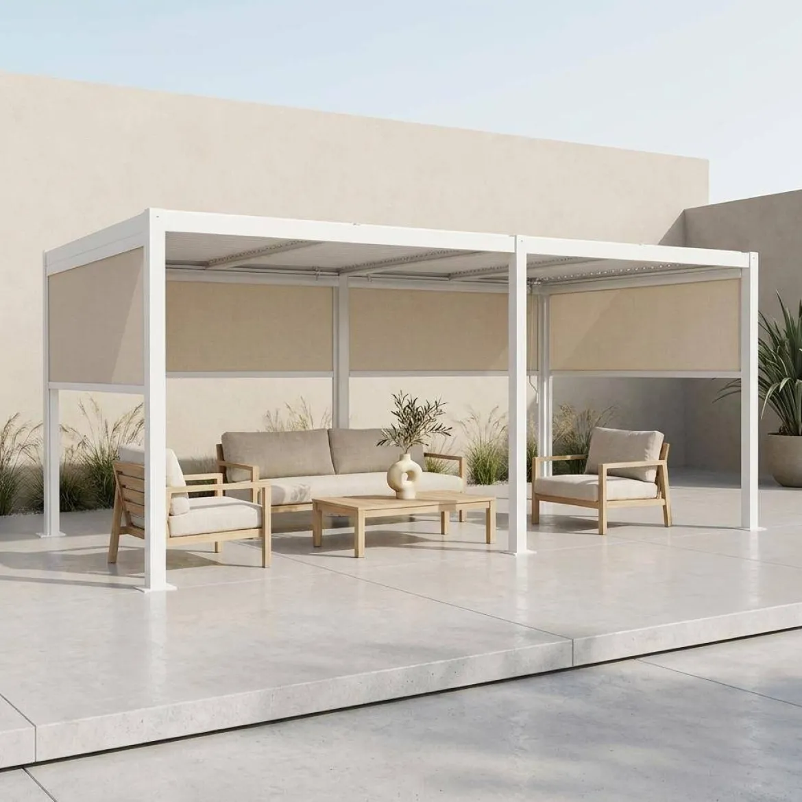Pergola bioclimatica 3x6m in alluminio e acciaio + 4 tende 3m