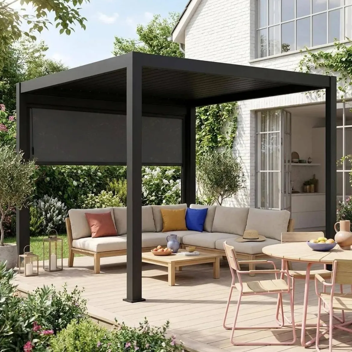 Pergola bioclimatica 3x3m in alluminio V2 + tenda 3m