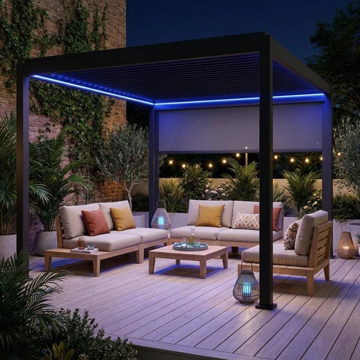 Pergola bioclimatica 3x4m motorizzata in alluminio LED + 1 tenda 3m