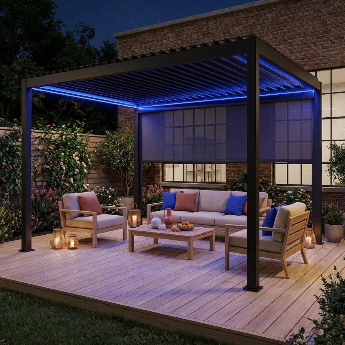 Pergola bioclimatica 3x4m motorizzata in alluminio LED + tenda 4m