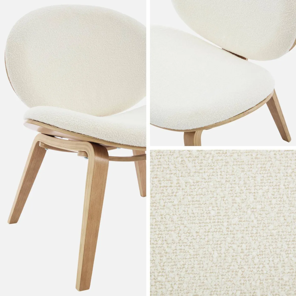 Poltrona con finiture effetto legno curvato e tessuto bouclé