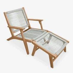Poltrona da giardino in legno e corda con poggiapiedi