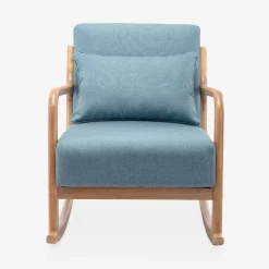 Poltrona scandinava a dondolo in legno e tessuto con braccioli