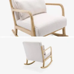Poltrona scandinava a dondolo in legno e tessuto bouclé