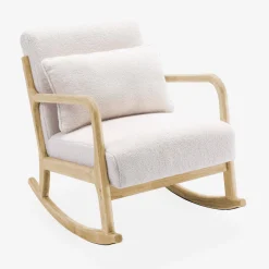 Poltrona scandinava a dondolo in legno e tessuto bouclé