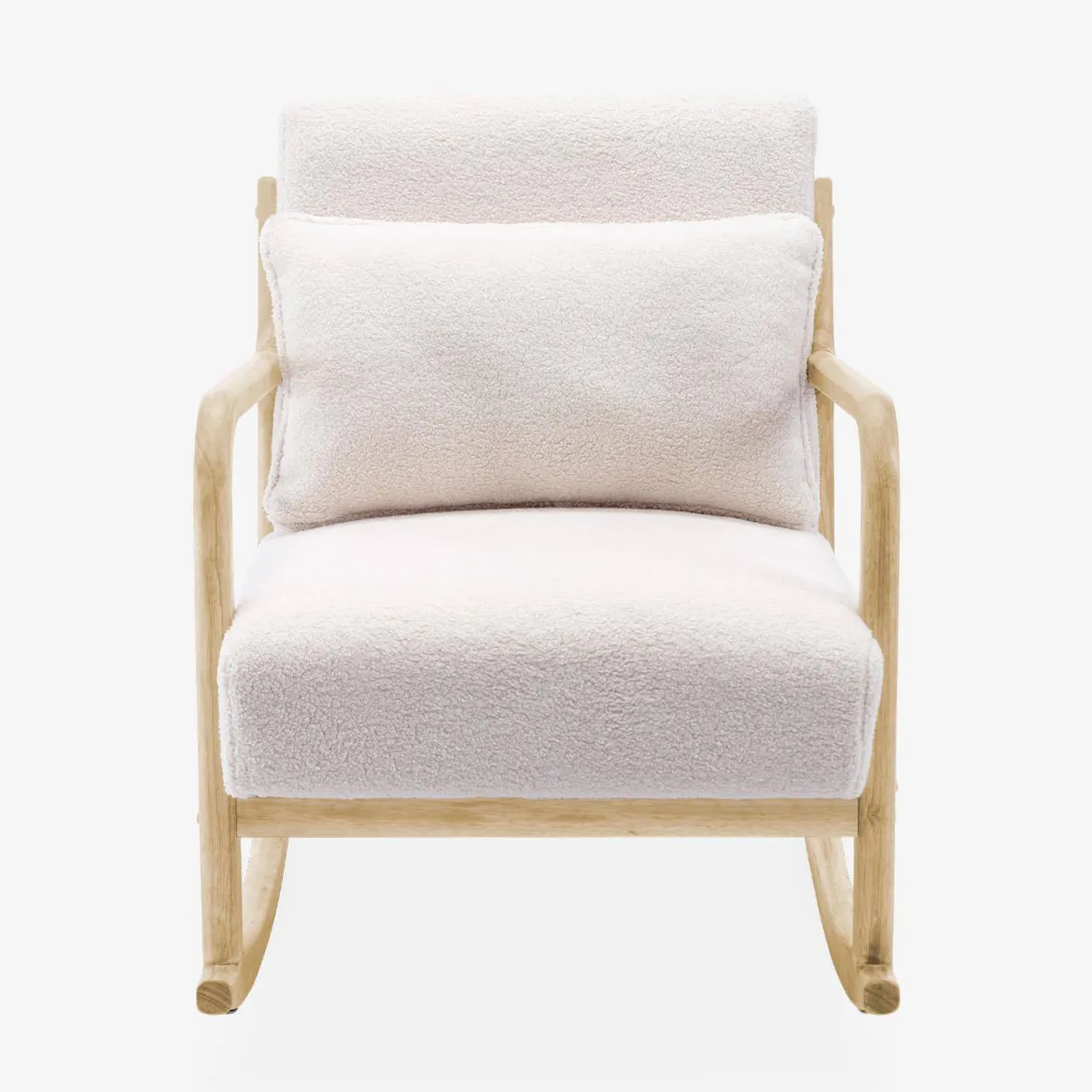 Poltrona scandinava a dondolo in legno e tessuto bouclé