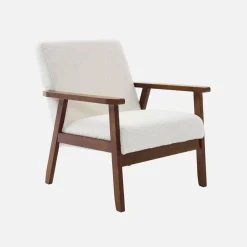 Poltrona scandinava bouclé in legno di hevea tinto noce chiaro