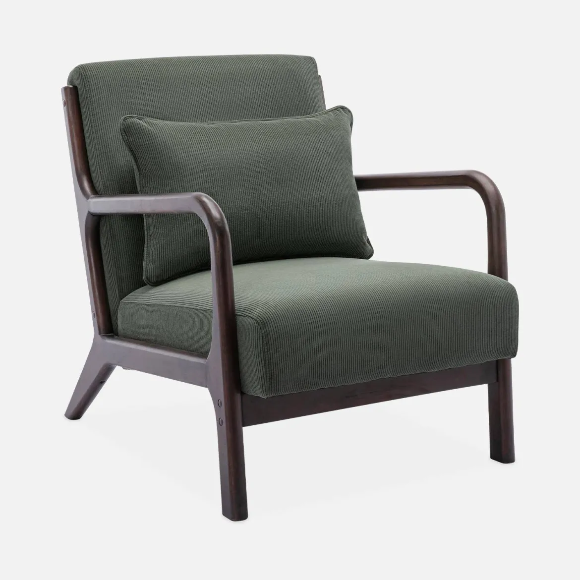 Poltrona scandinava in legno di hevea tinto wengé e velluto a coste fino