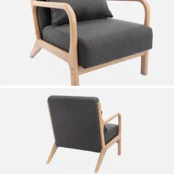 Poltrona scandinava in legno e tessuto con braccioli