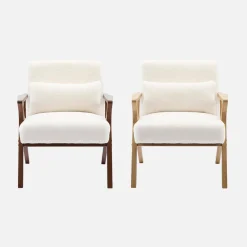 Poltrona scandinava in legno di hevea e tessuto effetto pelliccia sintetica