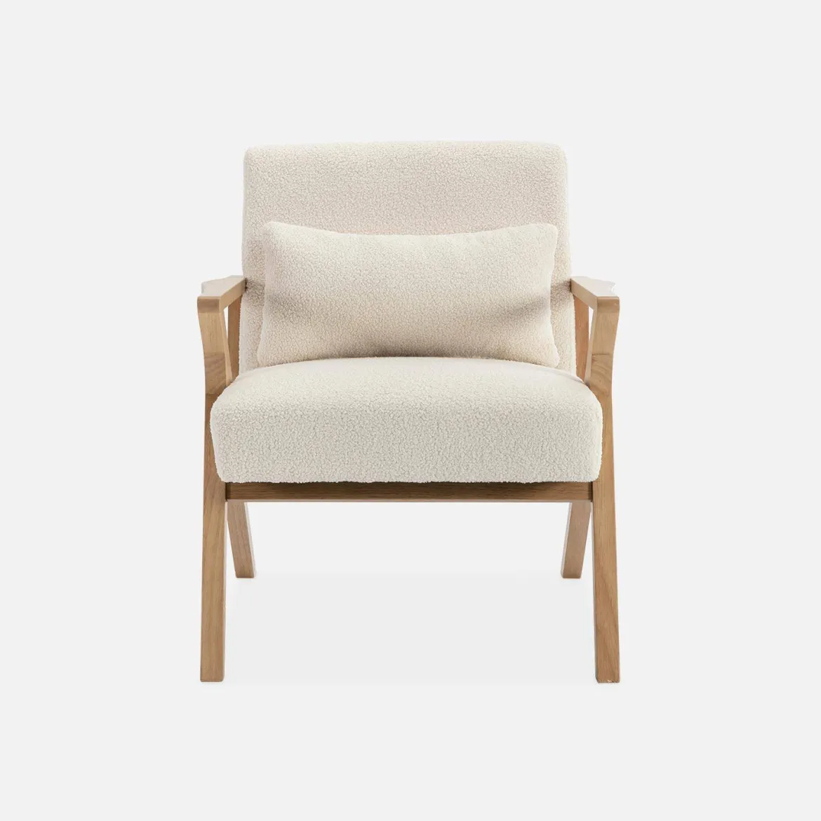 Poltrona scandinava in legno di hevea e bouclé