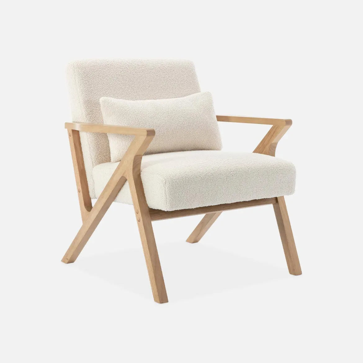 Poltrona scandinava in legno di hevea e bouclé