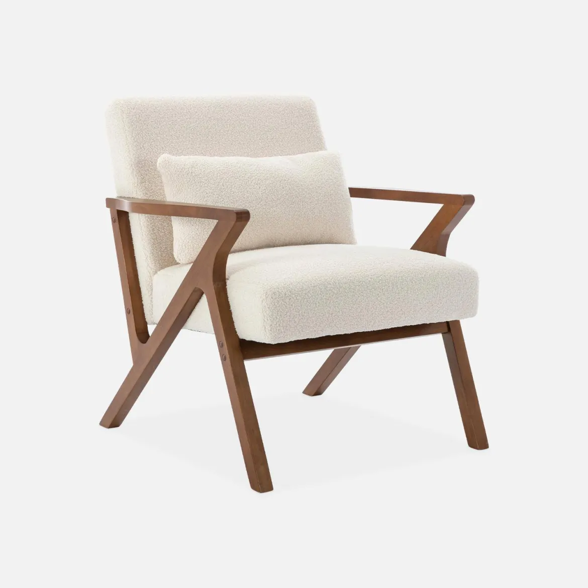 Poltrona scandinava in legno di hevea e bouclé