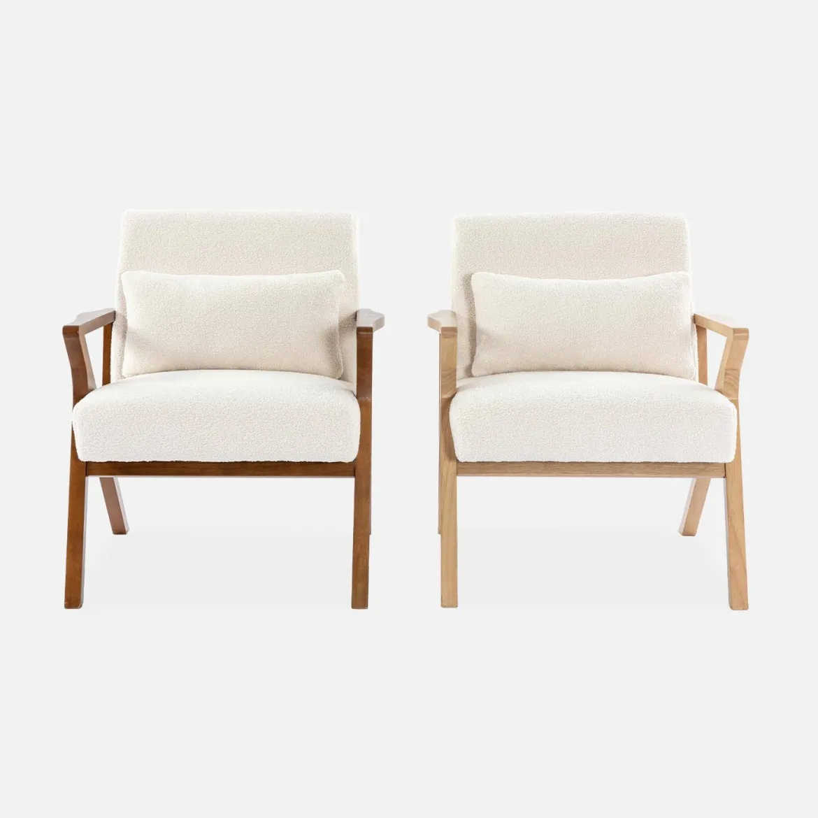 Poltrona scandinava in legno di hevea e bouclé