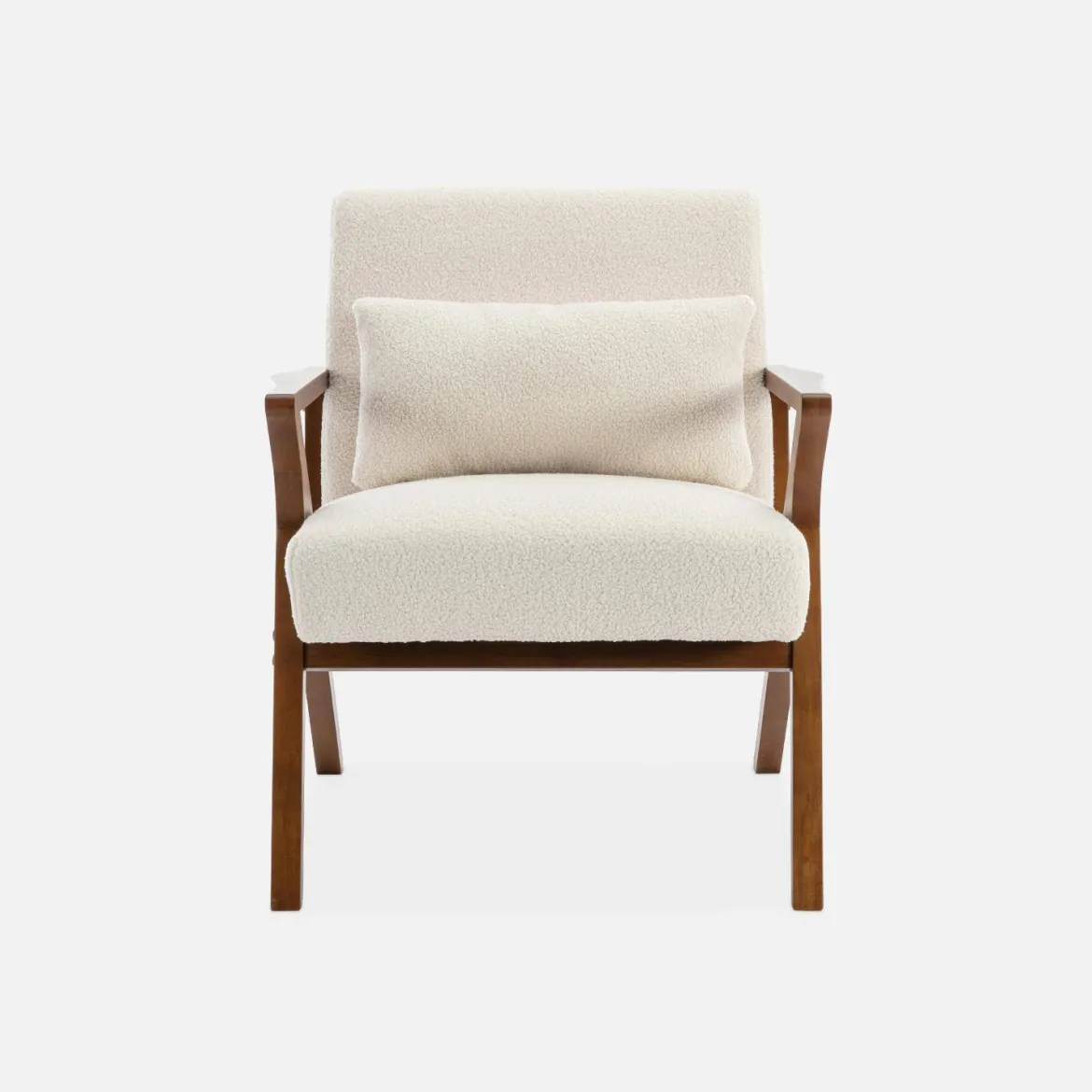 Poltrona scandinava in legno di hevea e bouclé