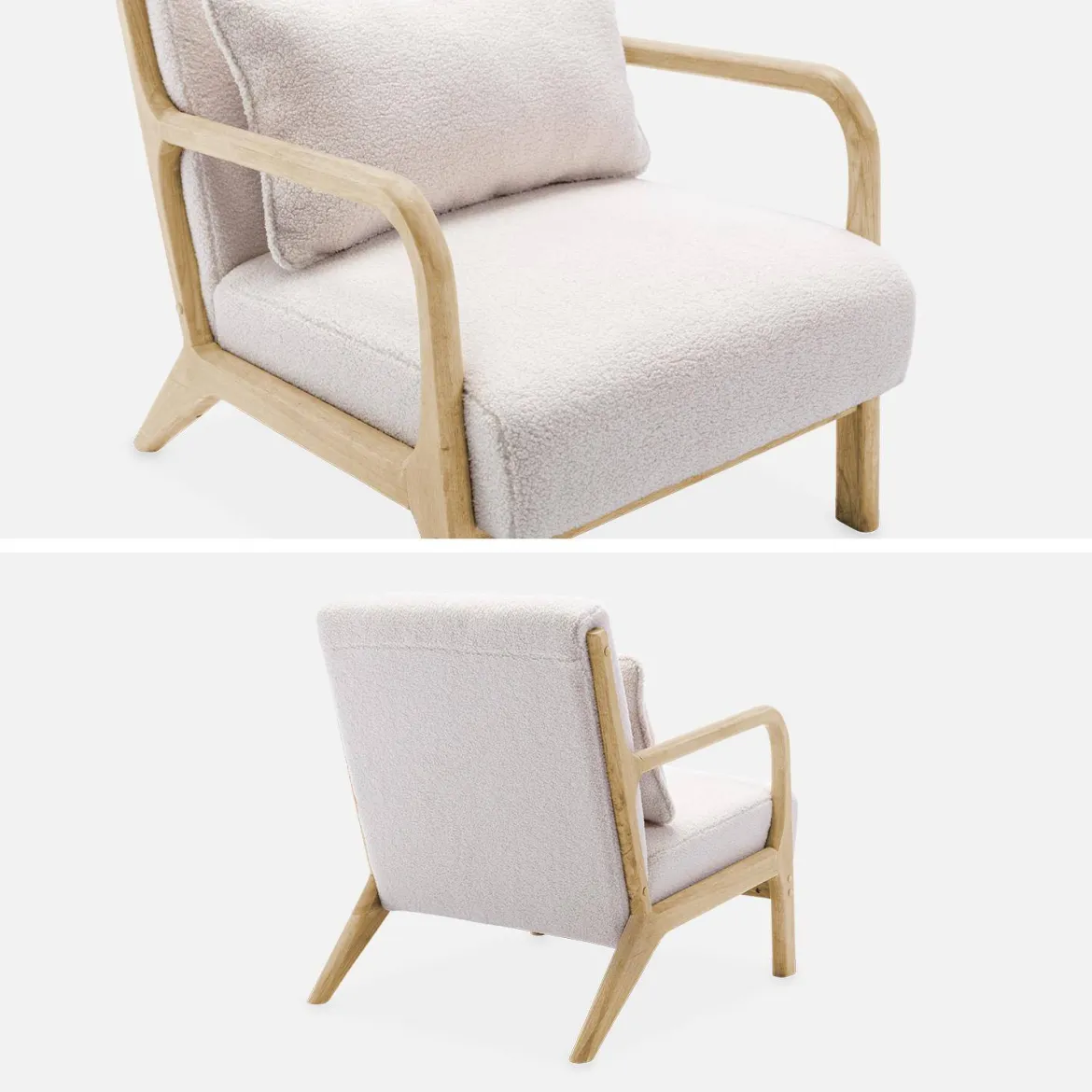 Poltrona scandinava in legno e tessuto bouclé