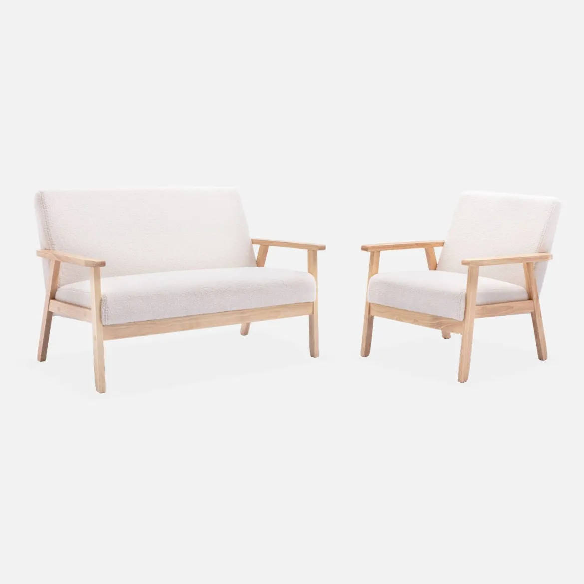 Poltrona scandinava in legno e tessuto bouclé