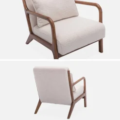 Poltrona scandinava in tessuto bouclé e legno di gomma scuro