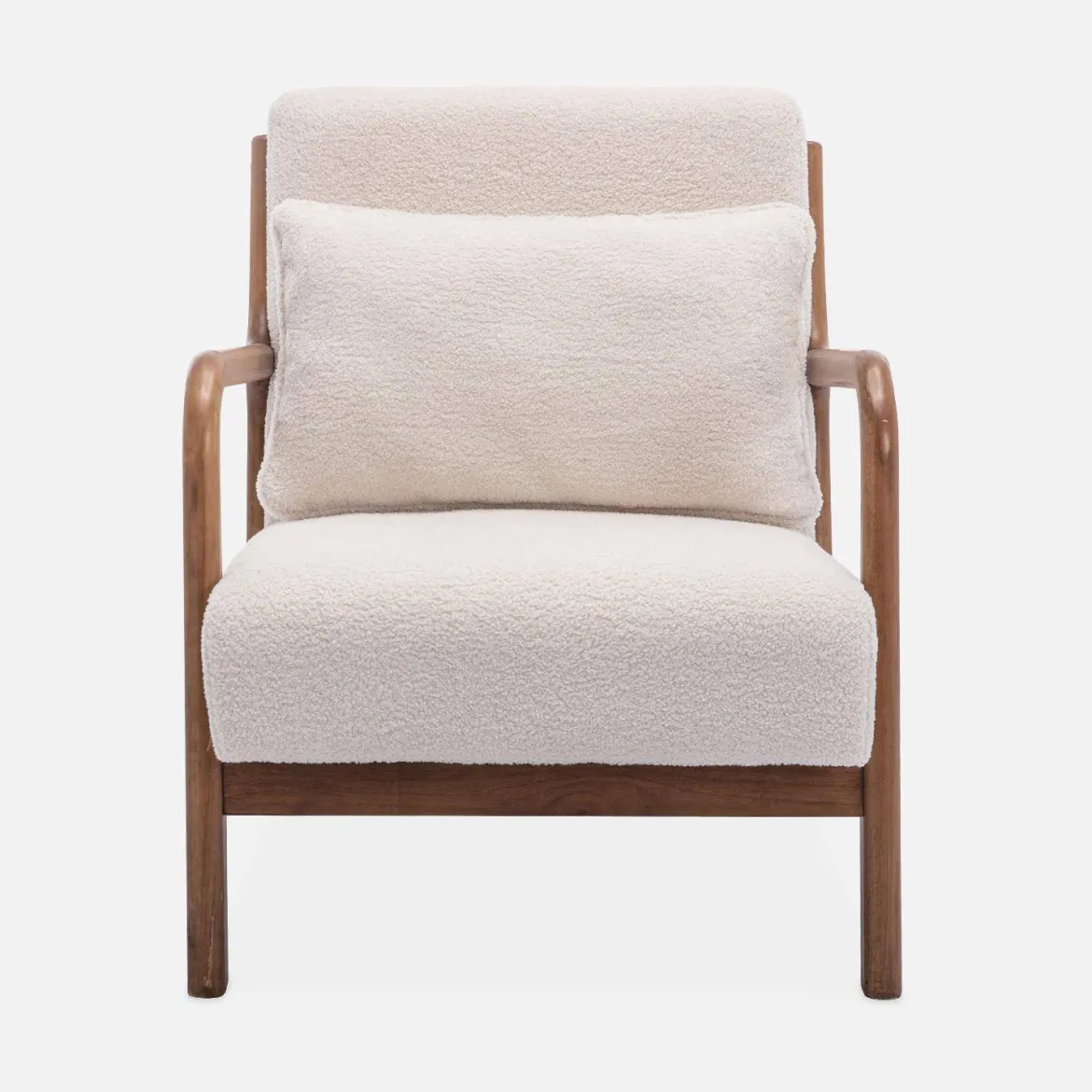 Poltrona scandinava in tessuto bouclé e legno di gomma scuro