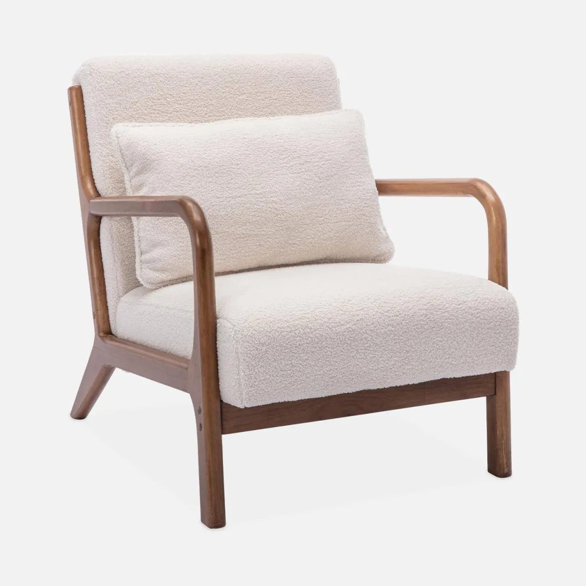 Poltrona scandinava in tessuto bouclé e legno di gomma scuro