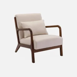 Poltrona scandinava in tessuto beige e legno di hevea