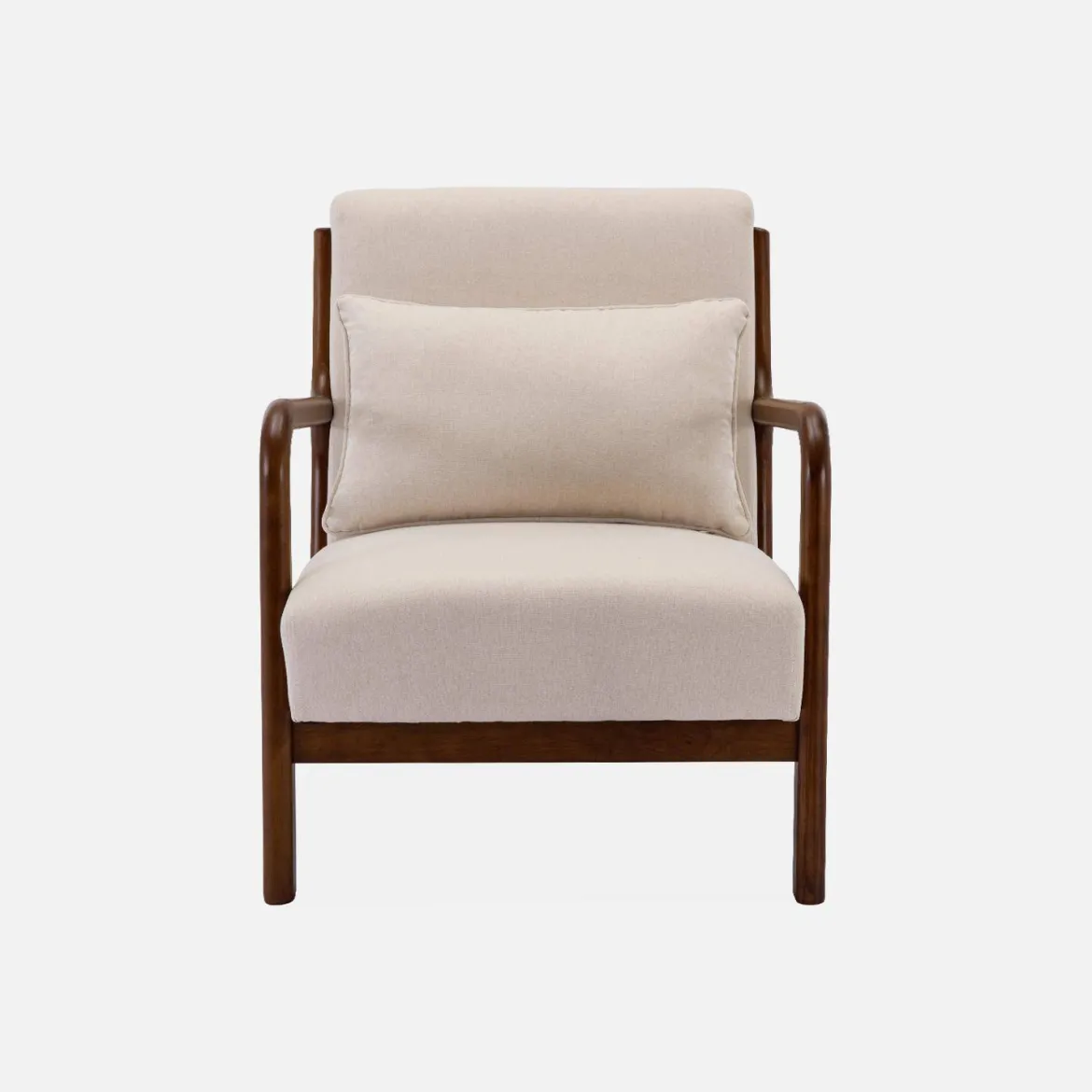 Poltrona scandinava in tessuto beige e legno di hevea