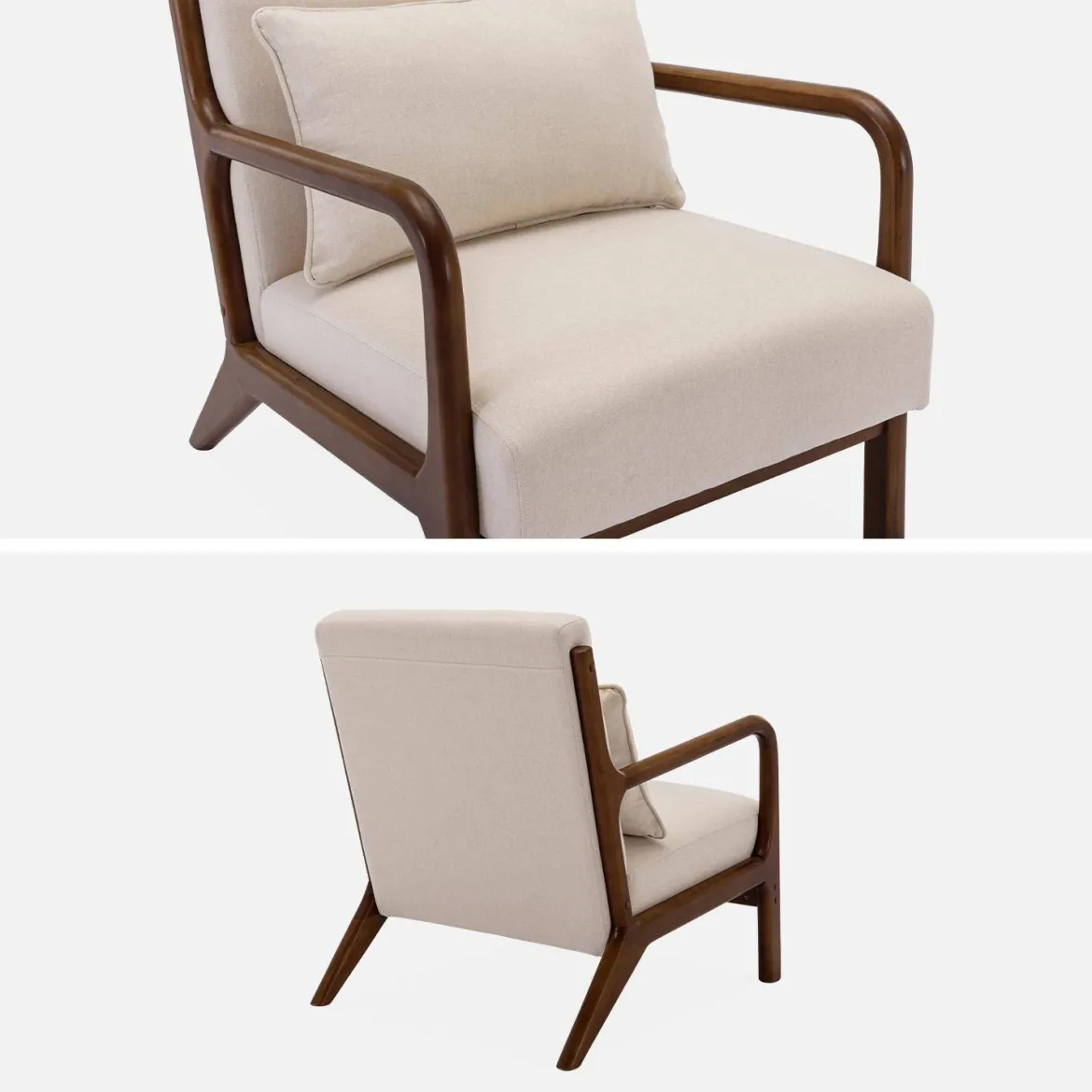Poltrona scandinava in tessuto beige e legno di hevea