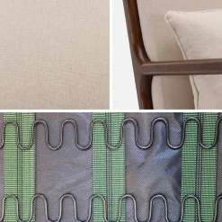 Poltrona scandinava in tessuto beige e legno di hevea