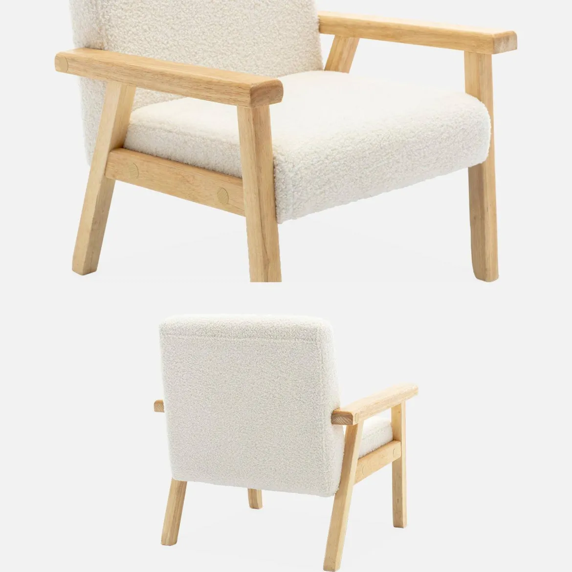 Poltrona scandinava per bambini in tessuto bouclé e legno di hevea