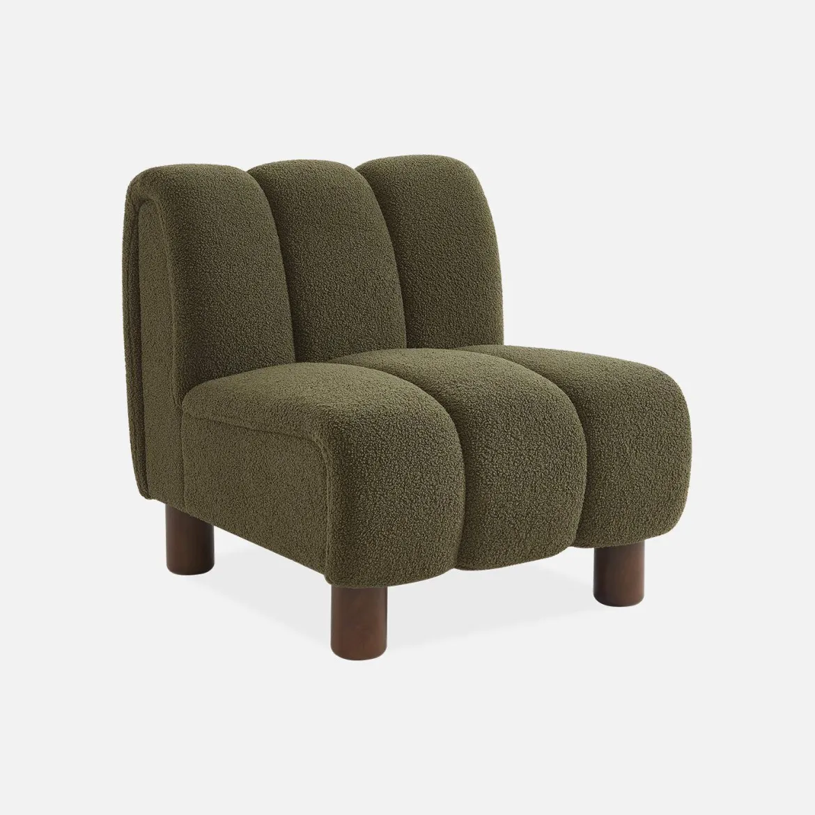 Poltrona relax con gambe rotonde in legno e tessuto bouclé