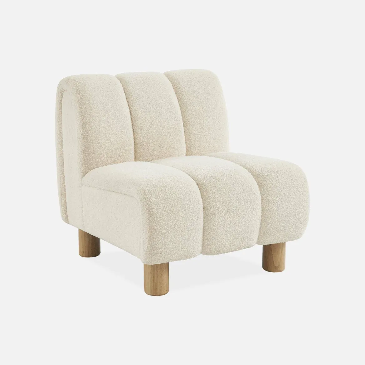 Poltrona relax con gambe rotonde in legno e tessuto bouclé
