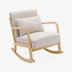 Poltrona scandinava a dondolo in legno e tessuto con braccioli