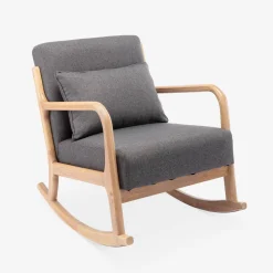 Poltrona scandinava a dondolo in legno e tessuto con braccioli