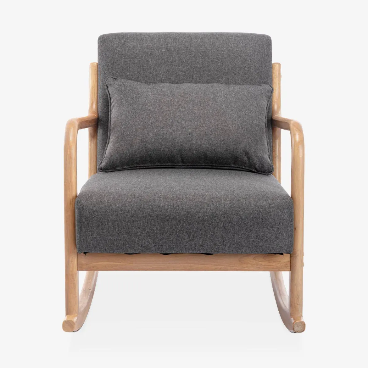 Poltrona scandinava a dondolo in legno e tessuto con braccioli