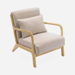 Poltrona scandinava in legno e tessuto con braccioli