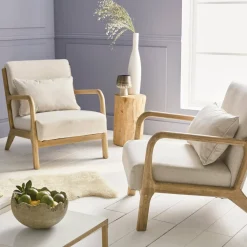 Poltrona scandinava in legno e tessuto con braccioli
