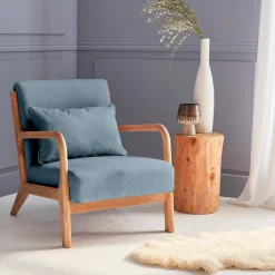 Poltrona scandinava in legno e tessuto con braccioli
