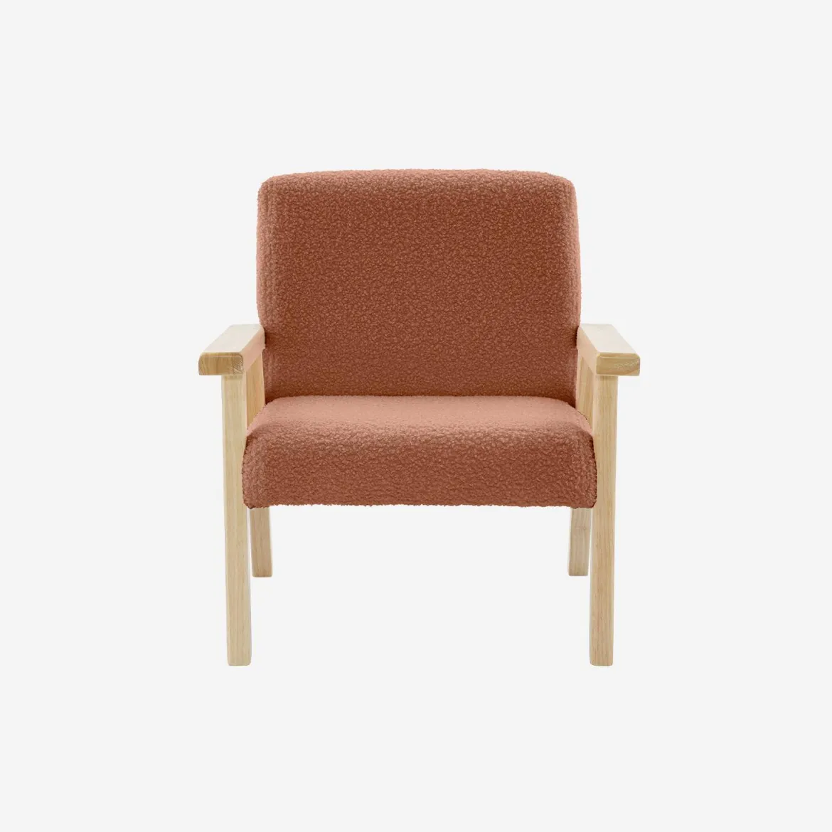 Poltrona scandinava per bambini in tessuto bouclé e legno di hevea