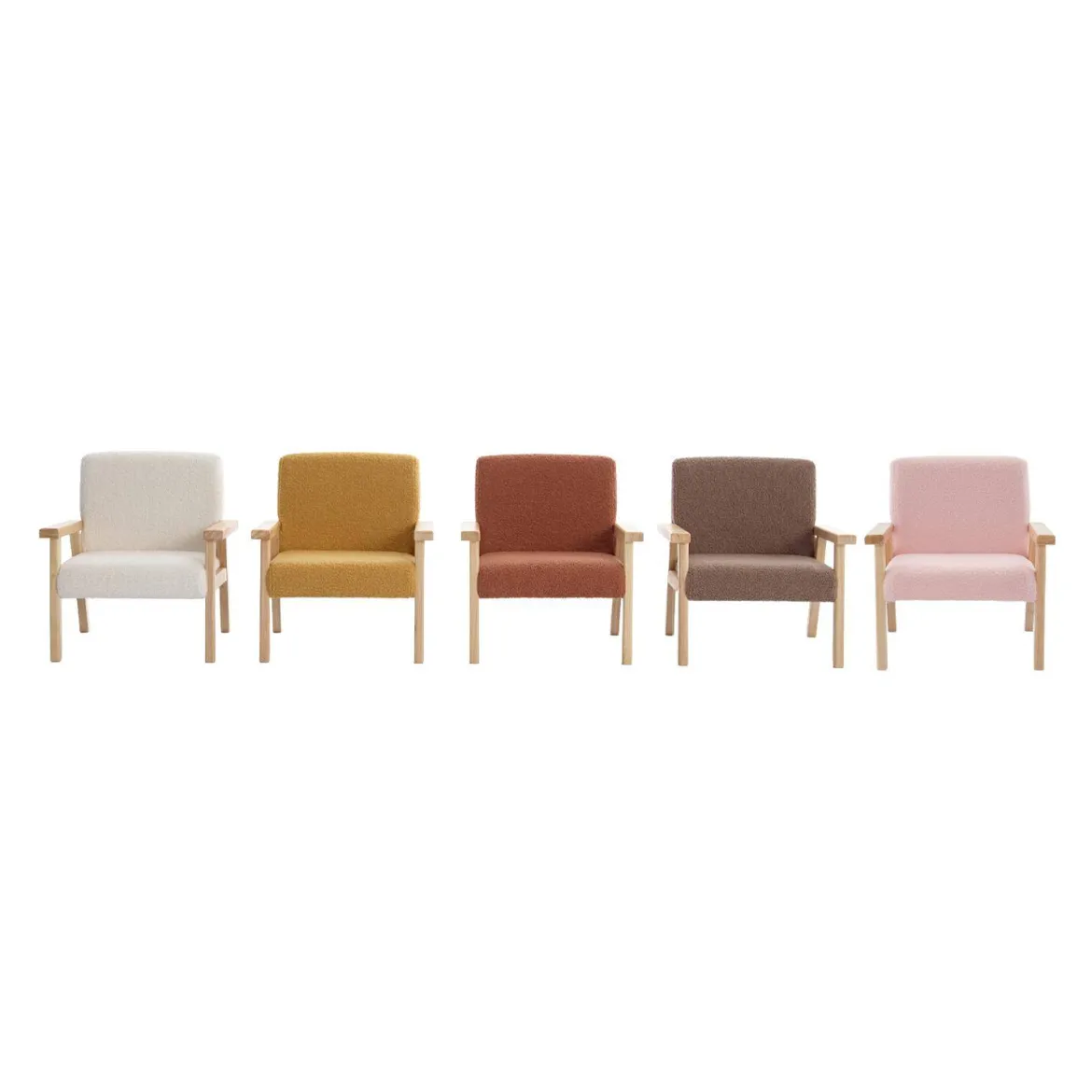 Poltrona scandinava per bambini in tessuto bouclé e legno di hevea