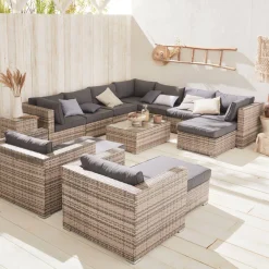 Salotto da giardino angolare in resina intrecciata, 12-14 posti