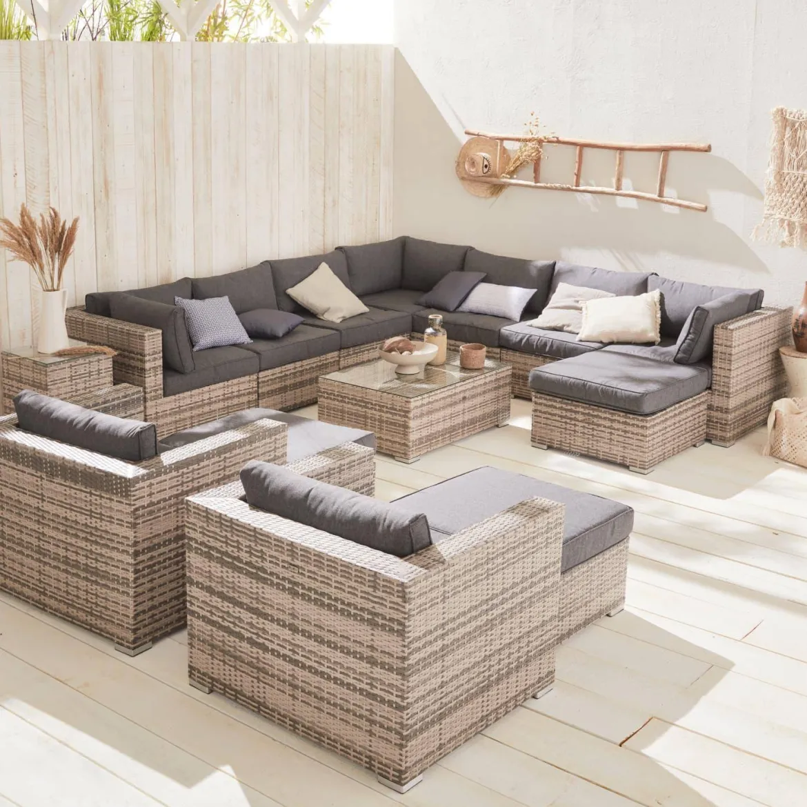 Salotto da giardino angolare in resina intrecciata, 12-14 posti