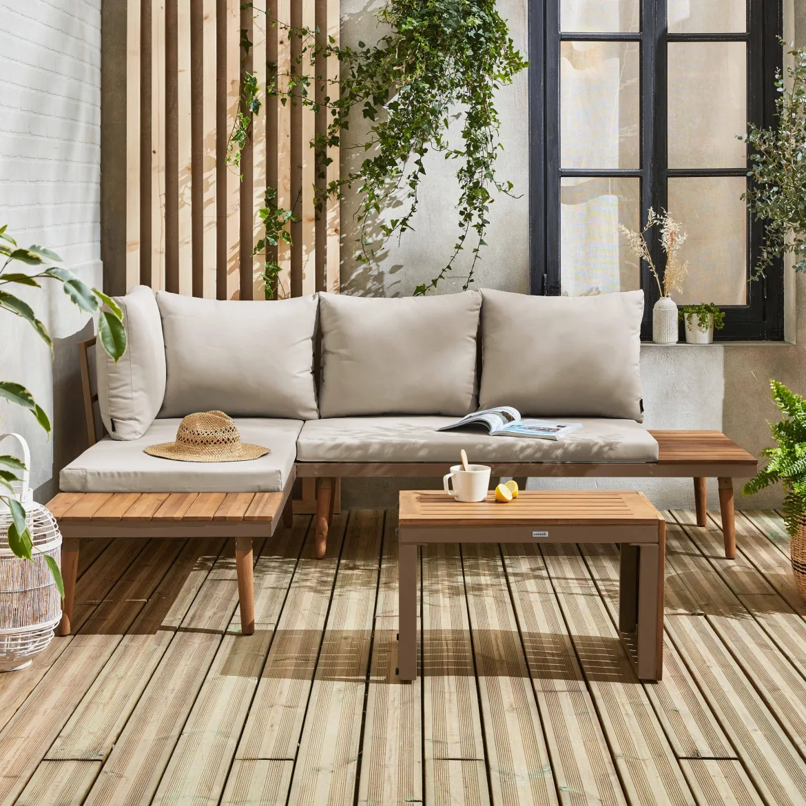 Salotto da giardino in alluminio e acacia, 4 posti